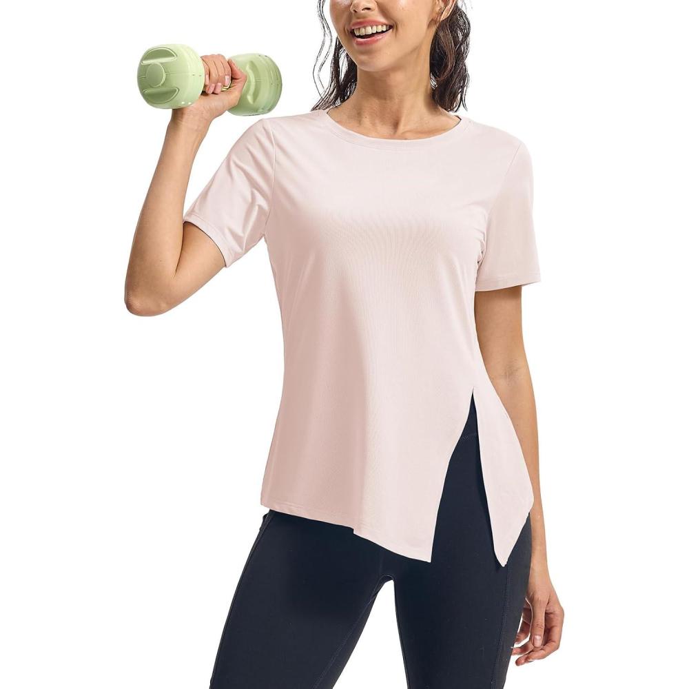 imageTBMPOY Womens Short Sleeve Workout Tops TShirts Breathable Quick Dry UPF 30 Athletic Exercise Tee Shirts with Side SlitsLight Pink