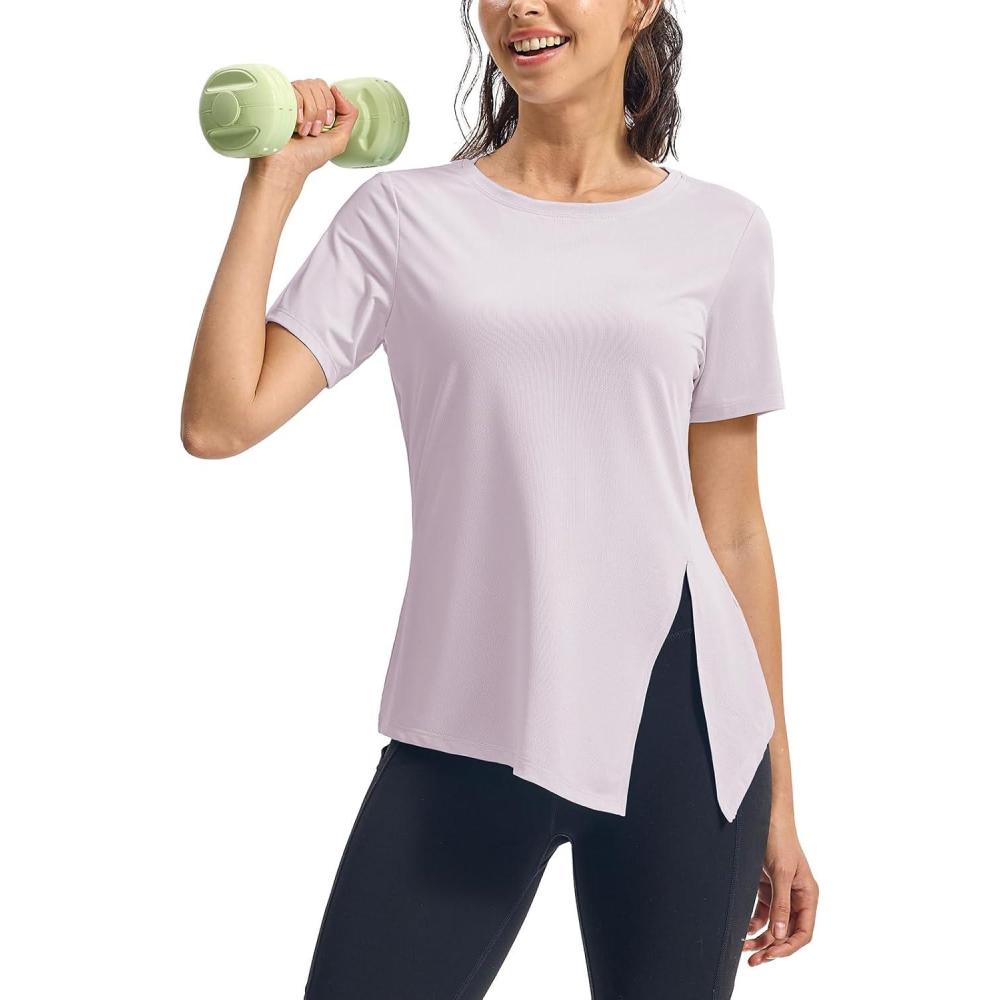 imageTBMPOY Womens Short Sleeve Workout Tops TShirts Breathable Quick Dry UPF 30 Athletic Exercise Tee Shirts with Side SlitsLight Purple