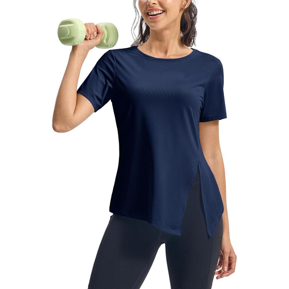 imageTBMPOY Womens Short Sleeve Workout Tops TShirts Breathable Quick Dry UPF 30 Athletic Exercise Tee Shirts with Side SlitsNavy