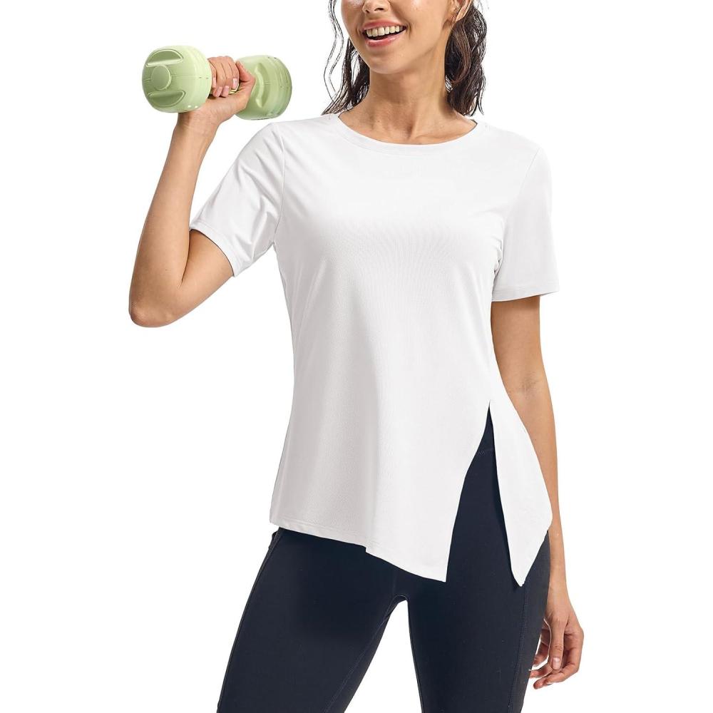 imageTBMPOY Womens Short Sleeve Workout Tops TShirts Breathable Quick Dry UPF 30 Athletic Exercise Tee Shirts with Side SlitsWhite