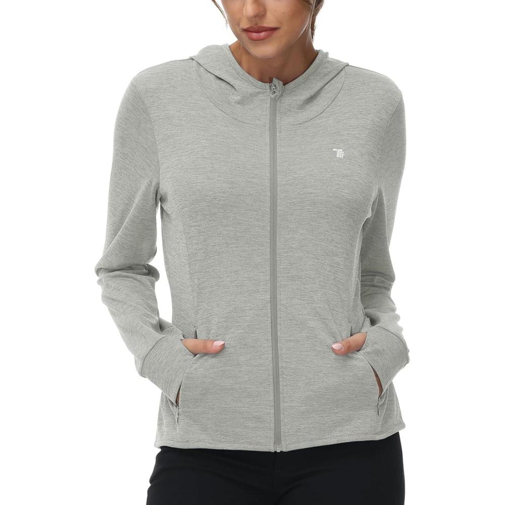 imageTBMPOY Womens UPF 50 Sun Protection Hoodie Jackets Light Weight Long Sleeve Shirts Hiking Outdoor Full Zip Tops9light Grey