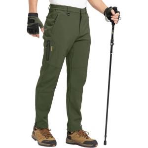imageTBMPOY Mens Snow Pants Fleece Lined Hiking Winter Waterproof Softshell Ski Outdoor Insulated Climbing Pants Zipper PocketsArmy Green