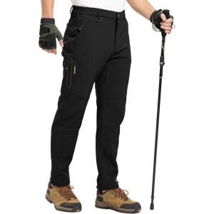imageTBMPOY Mens Snow Pants Fleece Lined Hiking Winter Waterproof Softshell Ski Outdoor Insulated Climbing Pants Zipper PocketsBlack