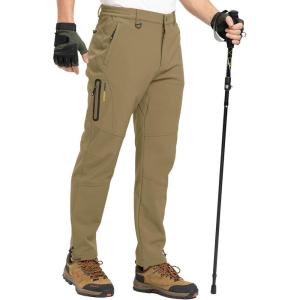 imageTBMPOY Mens Snow Pants Fleece Lined Hiking Winter Waterproof Softshell Ski Outdoor Insulated Climbing Pants Zipper PocketsKhaki