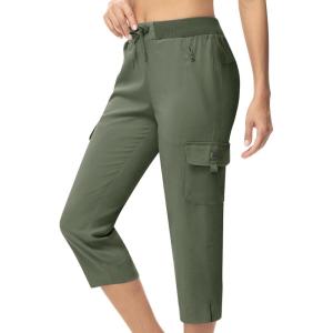 imageTBMPOY Womens Capri Pants Lightweight Quick Dry Hiking Cargo Pockets Casual Water Resistant Travel Cropped CottonArmy Green