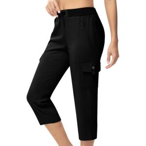 imageTBMPOY Womens Capri Pants Lightweight Quick Dry Hiking Cargo Pockets Casual Water Resistant Travel Cropped CottonBlack