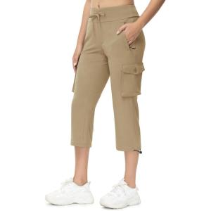 imageTBMPOY Womens Capri Pants Lightweight Quick Dry Hiking Cargo Pockets Casual Water Resistant Travel Cropped CottonKhaki1