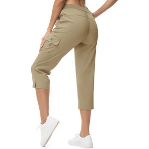 imageTBMPOY Womens Capri Pants Lightweight Quick Dry Hiking Cargo Pockets Casual Water Resistant Travel Cropped CottonLight Khaki