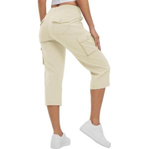 imageTBMPOY Womens Cargo Capris Lightweight Hiking Pants 6 Pockets Quick Dry Casual Outdoor Trip Loose Shorts Cropped CottonBeige