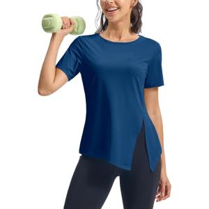 imageTBMPOY Womens Short Sleeve Workout Tops TShirts Breathable Quick Dry UPF 30 Athletic Exercise Tee Shirts with Side SlitsLake Blue