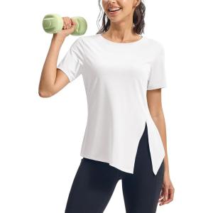 imageTBMPOY Womens Short Sleeve Workout Tops TShirts Breathable Quick Dry UPF 30 Athletic Exercise Tee Shirts with Side SlitsWhite