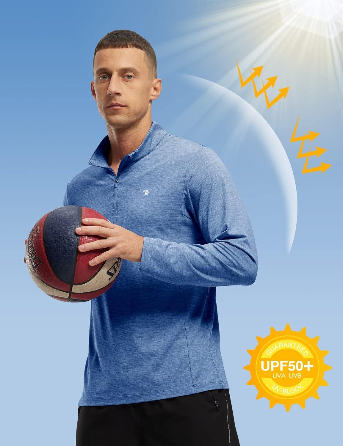 imageTBMPOY Mens 14 Zip Hiking Sun Shirts Running Pullover Long Sleeve UPF 50 Quick Dry Fishing Athletic Golf TShirt Bright BlueL