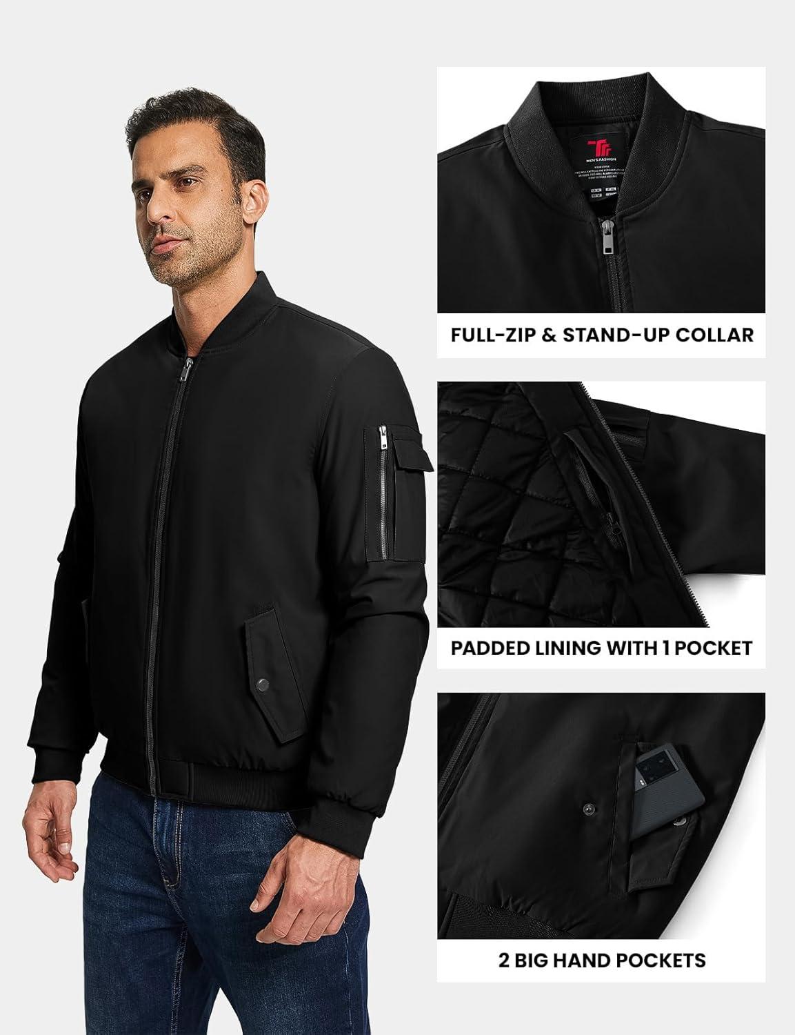 imageTBMPOY Mens Bomber Jacket Lightweight Winter Windbreaker Zip Up Padded Softshell Windproof WaterResistant Casual Fall Coat1black