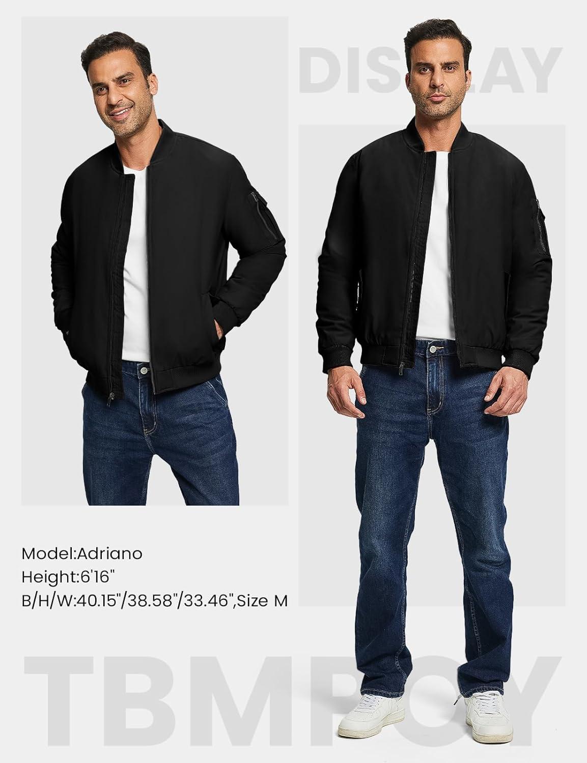 imageTBMPOY Mens Bomber Jacket Lightweight Winter Windbreaker Zip Up Padded Softshell Windproof WaterResistant Casual Fall Coat1black