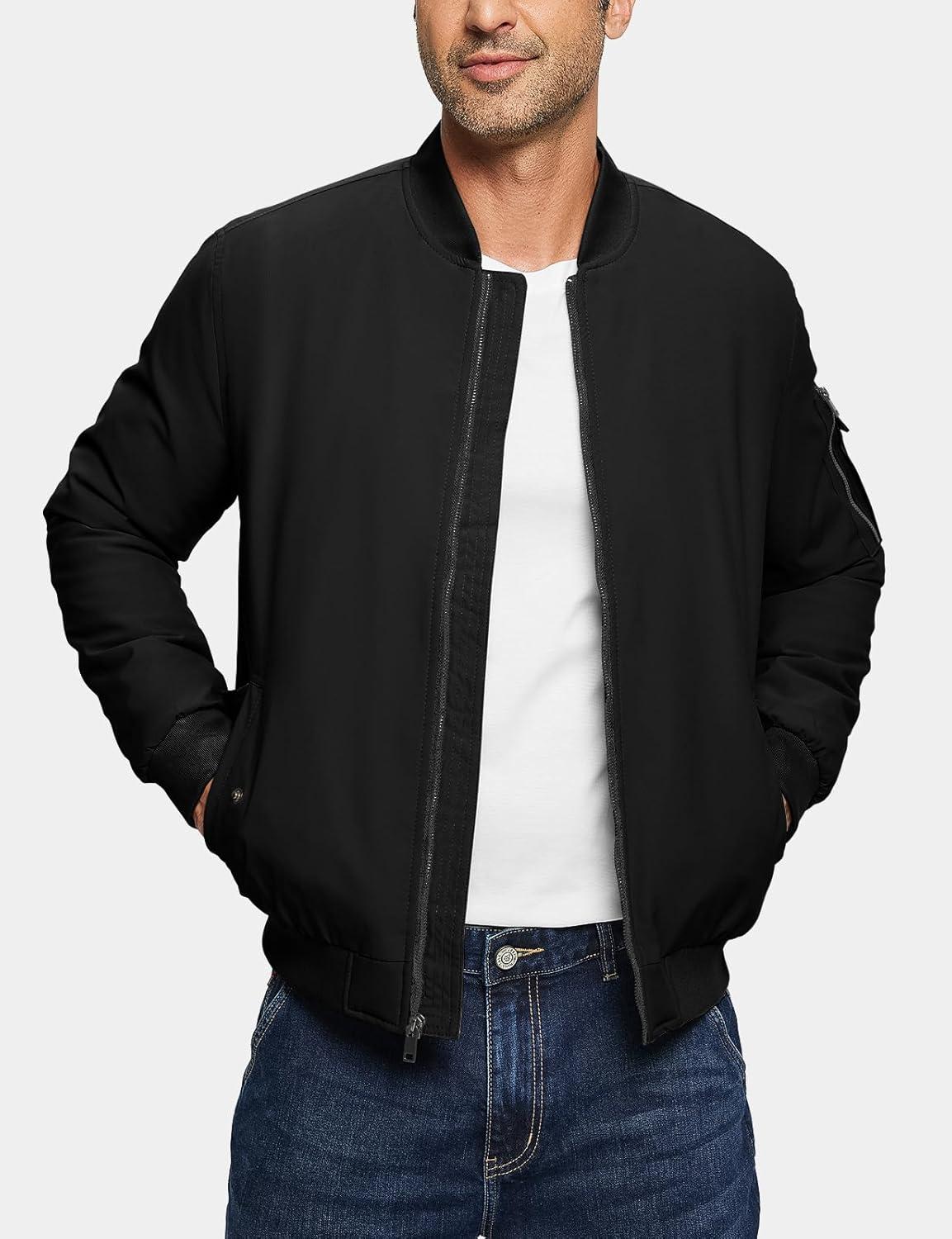 imageTBMPOY Mens Bomber Jacket Lightweight Winter Windbreaker Zip Up Padded Softshell Windproof WaterResistant Casual Fall Coat1black