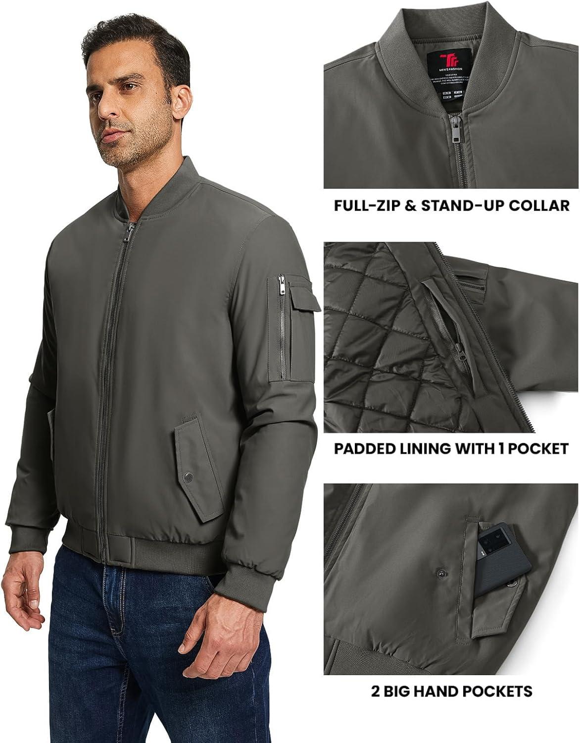 imageTBMPOY Mens Bomber Jacket Lightweight Winter Windbreaker Zip Up Padded Softshell Windproof WaterResistant Casual Fall Coat2dark Grey