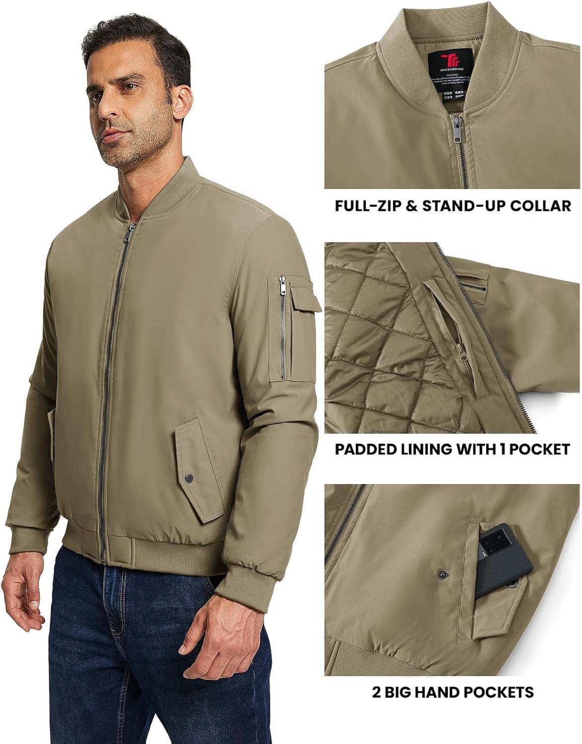 imageTBMPOY Mens Bomber Jacket Lightweight Winter Windbreaker Zip Up Padded Softshell Windproof WaterResistant Casual Fall Coat3khaki