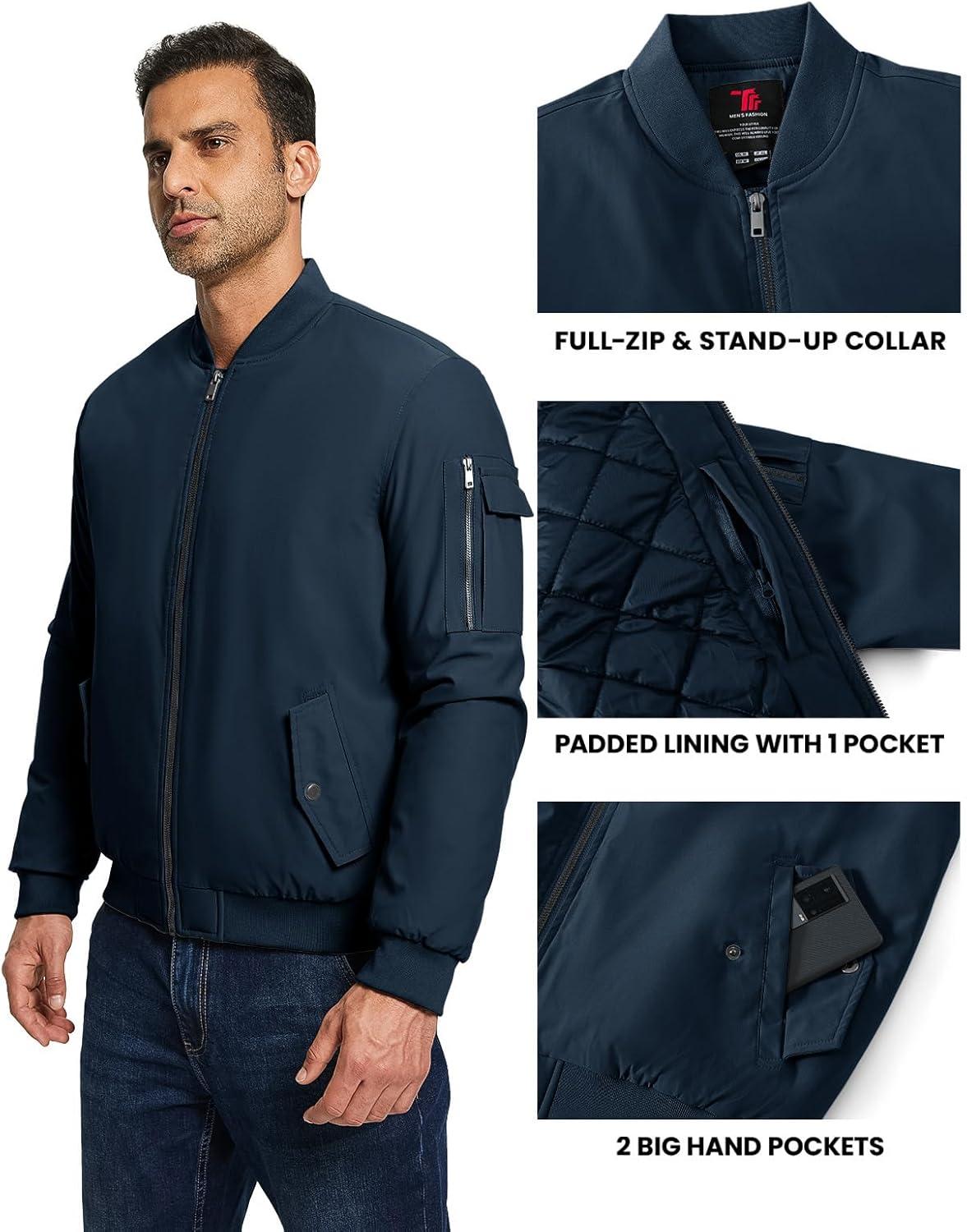 imageTBMPOY Mens Bomber Jacket Lightweight Winter Windbreaker Zip Up Padded Softshell Windproof WaterResistant Casual Fall Coat4navy