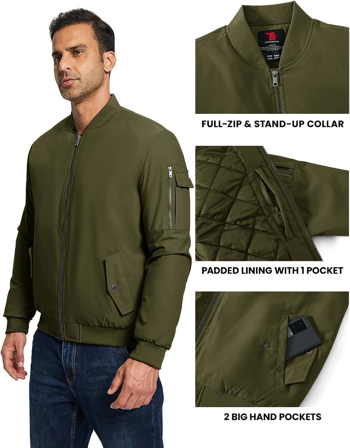 imageTBMPOY Mens Bomber Jacket Lightweight Winter Windbreaker Zip Up Padded Softshell Windproof WaterResistant Casual Fall Coat5army Green