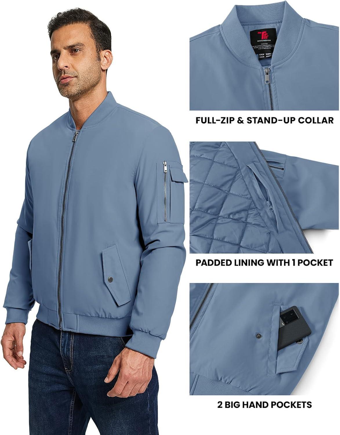 imageTBMPOY Mens Bomber Jacket Lightweight Winter Windbreaker Zip Up Padded Softshell Windproof WaterResistant Casual Fall Coat6stone Blue