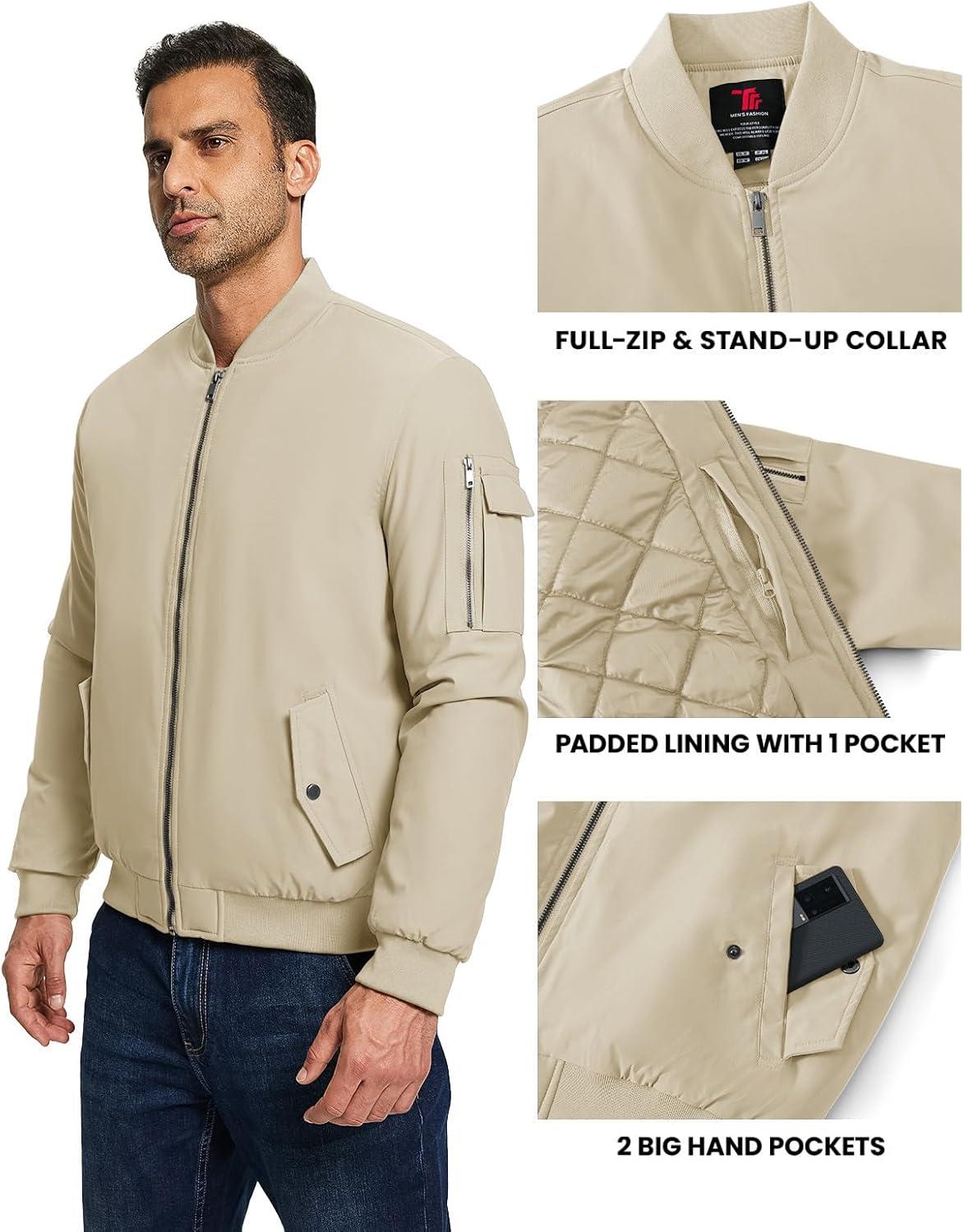 imageTBMPOY Mens Bomber Jacket Lightweight Winter Windbreaker Zip Up Padded Softshell Windproof WaterResistant Casual Fall Coat7lightweight Khaki