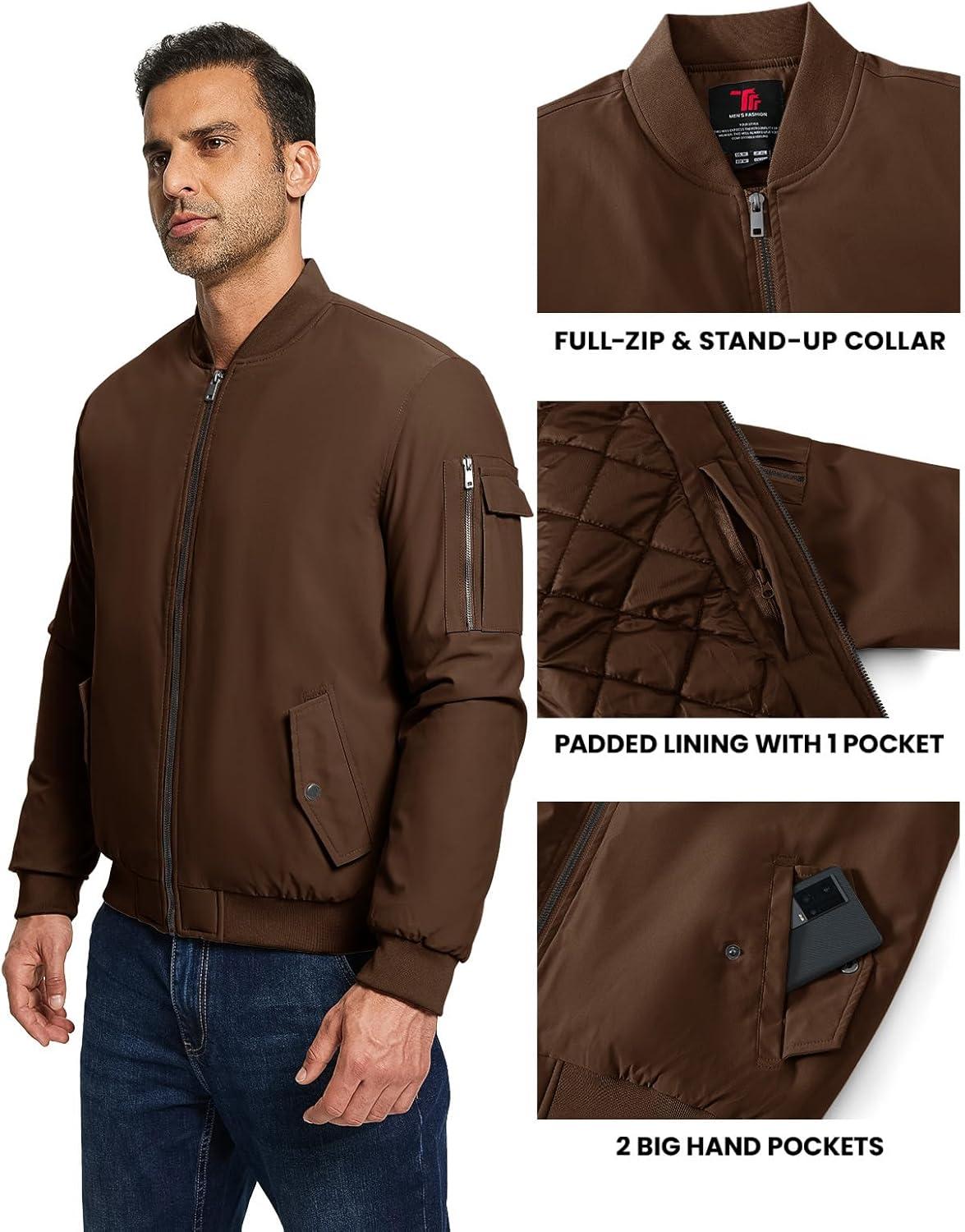 imageTBMPOY Mens Bomber Jacket Lightweight Winter Windbreaker Zip Up Padded Softshell Windproof WaterResistant Casual Fall Coat8dark Coffee