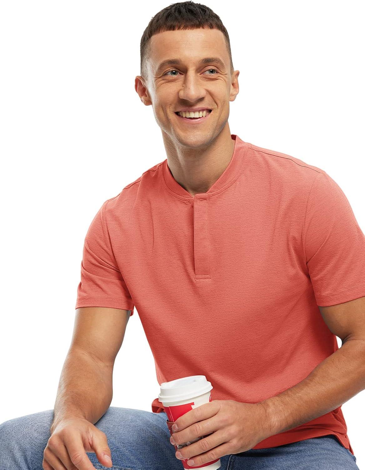 imageTBMPOY Mens Henley Polo Shirts Short Sleeve Casual TShirt Lightweight Collarless Work Outdoor Golf ShirtsDeep Pink