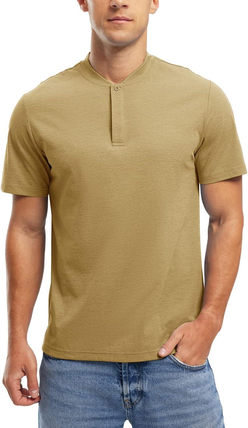 imageTBMPOY Mens Henley Polo Shirts Short Sleeve Casual TShirt Lightweight Collarless Work Outdoor Golf ShirtsKhaki