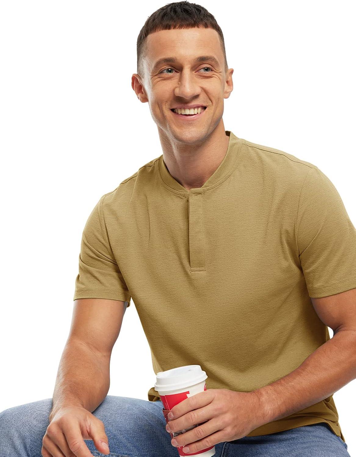 imageTBMPOY Mens Henley Polo Shirts Short Sleeve Casual TShirt Lightweight Collarless Work Outdoor Golf ShirtsKhaki