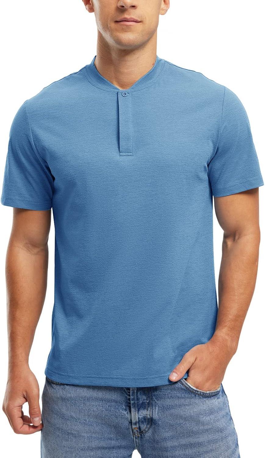 imageTBMPOY Mens Henley Polo Shirts Short Sleeve Casual TShirt Lightweight Collarless Work Outdoor Golf ShirtsLight Blue