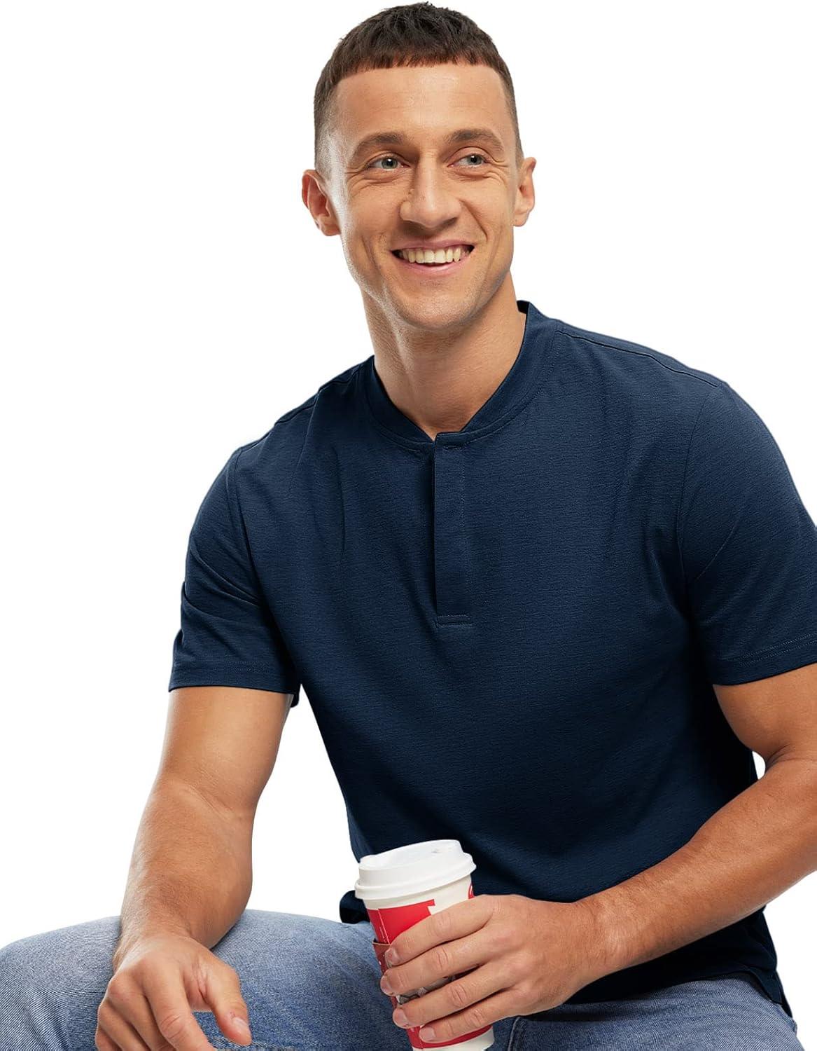 imageTBMPOY Mens Henley Polo Shirts Short Sleeve Casual TShirt Lightweight Collarless Work Outdoor Golf ShirtsNavy