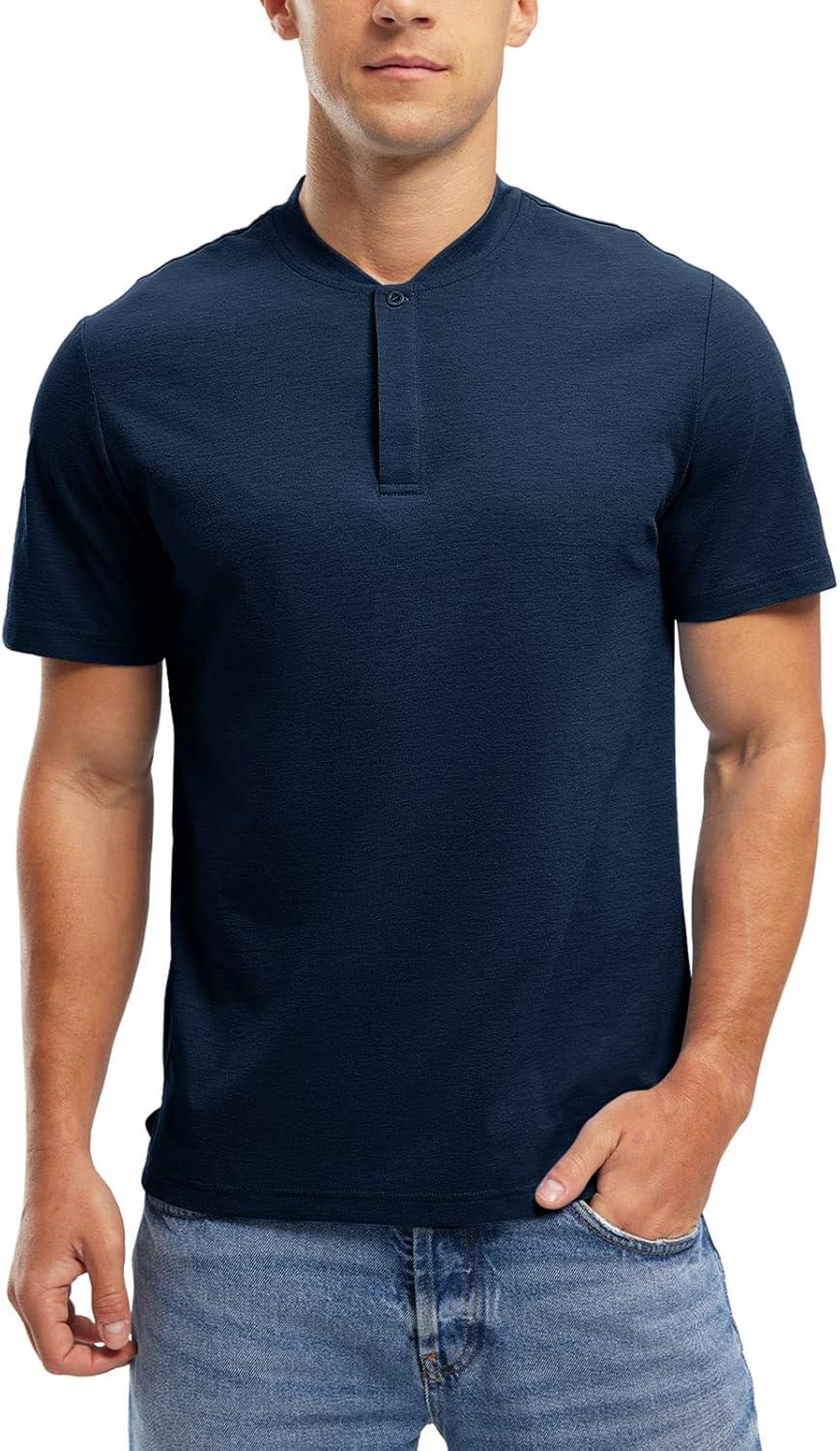 imageTBMPOY Mens Henley Polo Shirts Short Sleeve Casual TShirt Lightweight Collarless Work Outdoor Golf ShirtsNavy