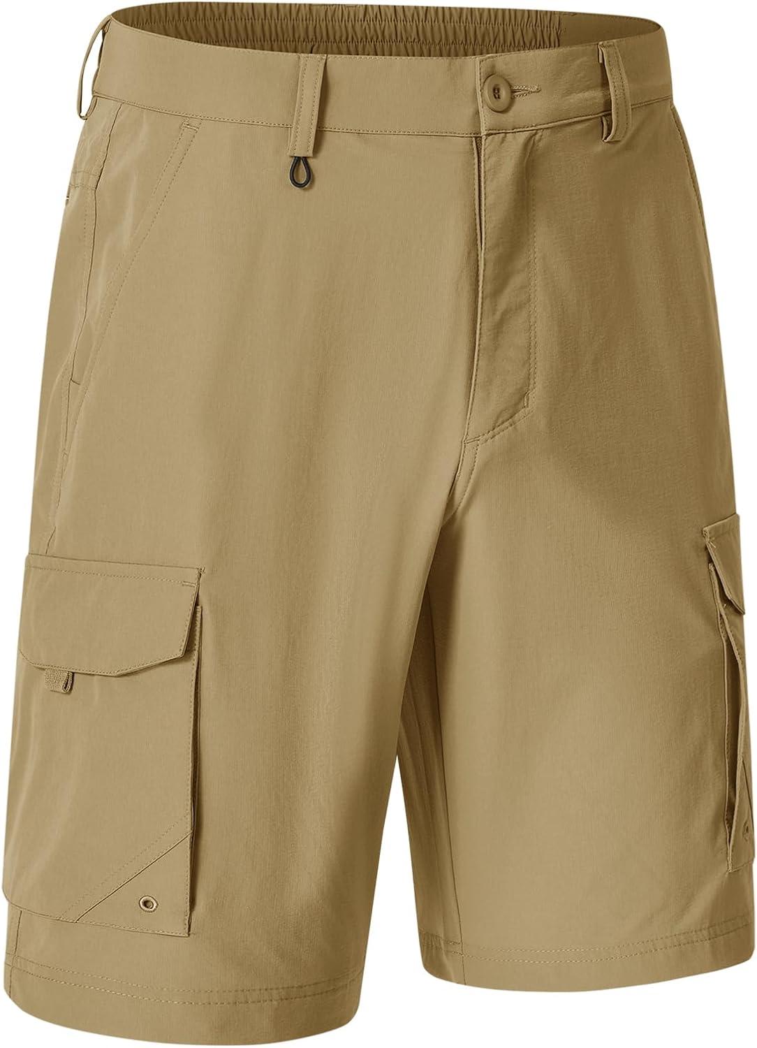 imageTBMPOY Mens Hiking Cargo Shorts 9quot Quick Dry Stretch Work Golf Shorts Outdoor 5 Pockets Elastic Waist for Travel CasualKhaki