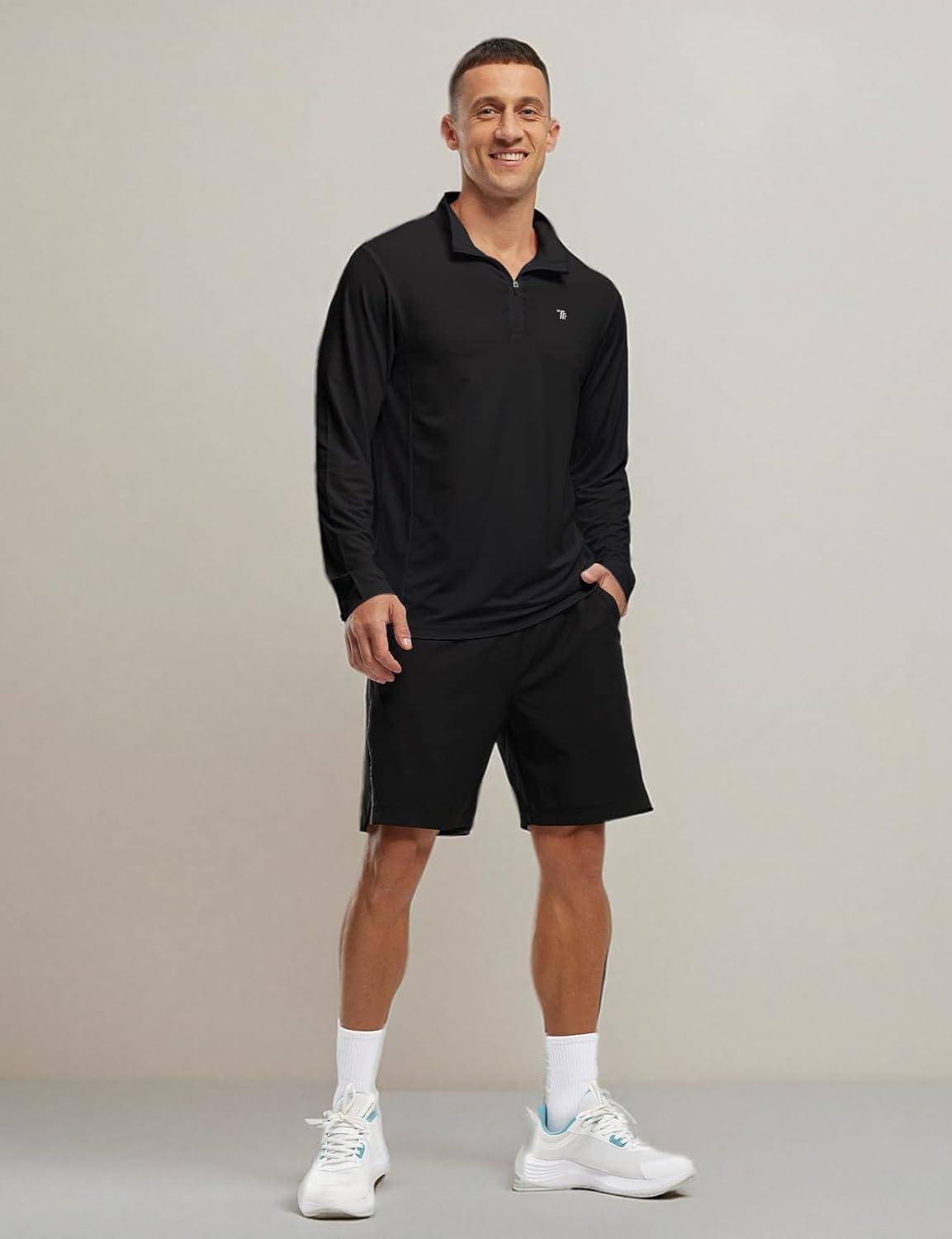 imageTBMPOY Mens Hiking Shirts 14 Zip Running Sun Protection Pullover Long Sleeve UPF 50 Lightweight Fishing Rash GuardBlack