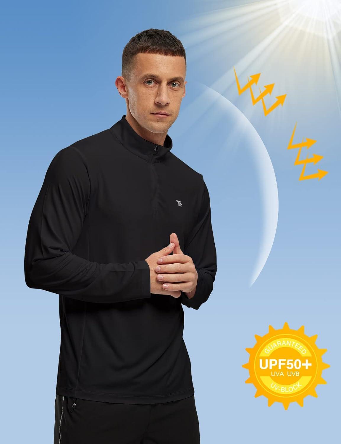 imageTBMPOY Mens Hiking Shirts 14 Zip Running Sun Protection Pullover Long Sleeve UPF 50 Lightweight Fishing Rash GuardBlack