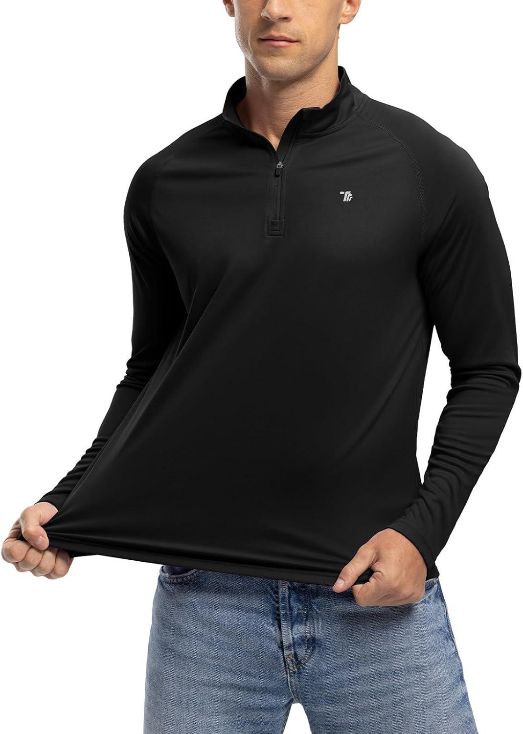 imageTBMPOY Mens Hiking Shirts 14 Zip Running Sun Protection Pullover Long Sleeve UPF 50 Lightweight Fishing Rash GuardBlack1