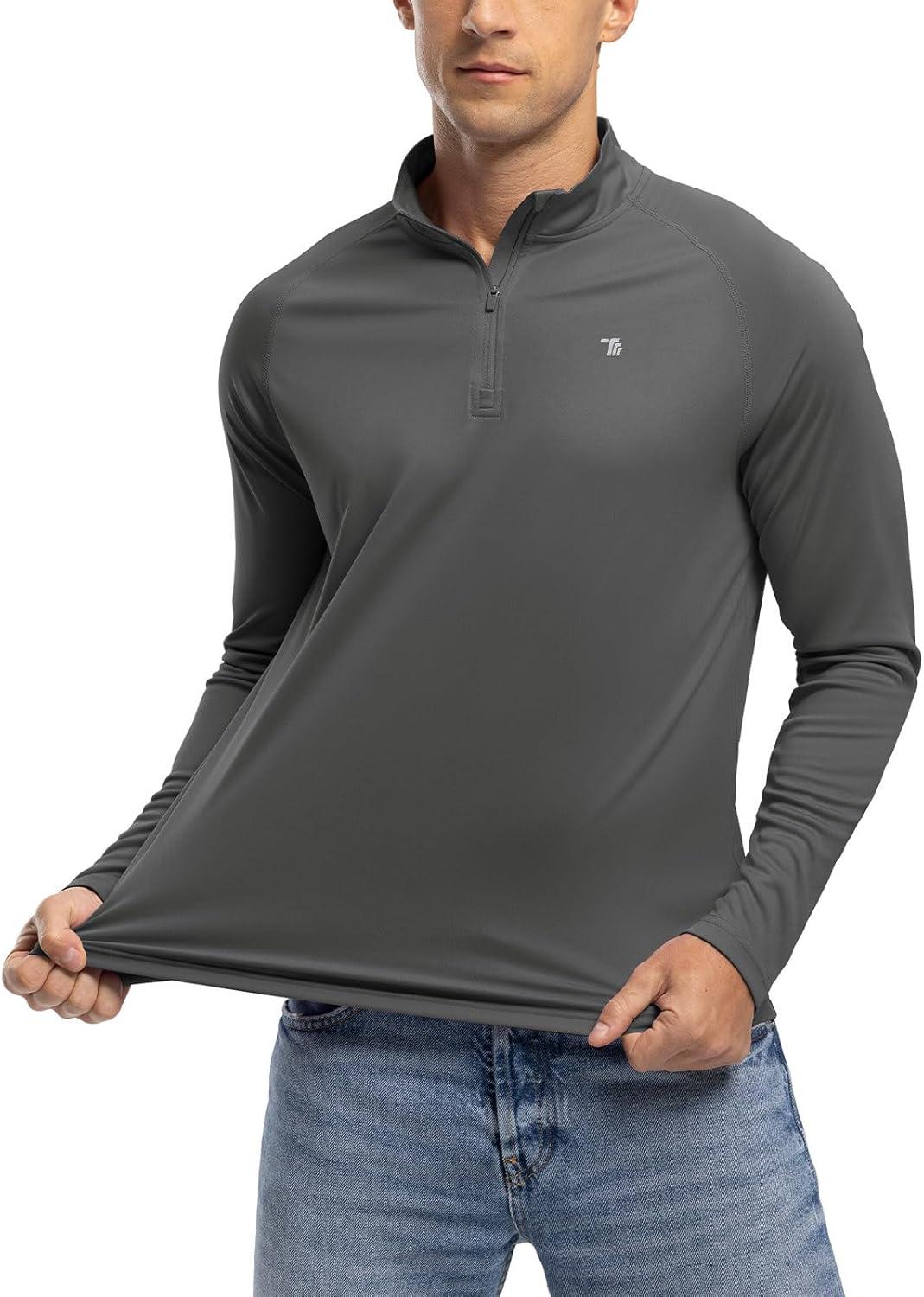 imageTBMPOY Mens Hiking Shirts 14 Zip Running Sun Protection Pullover Long Sleeve UPF 50 Lightweight Fishing Rash GuardDark Grey1