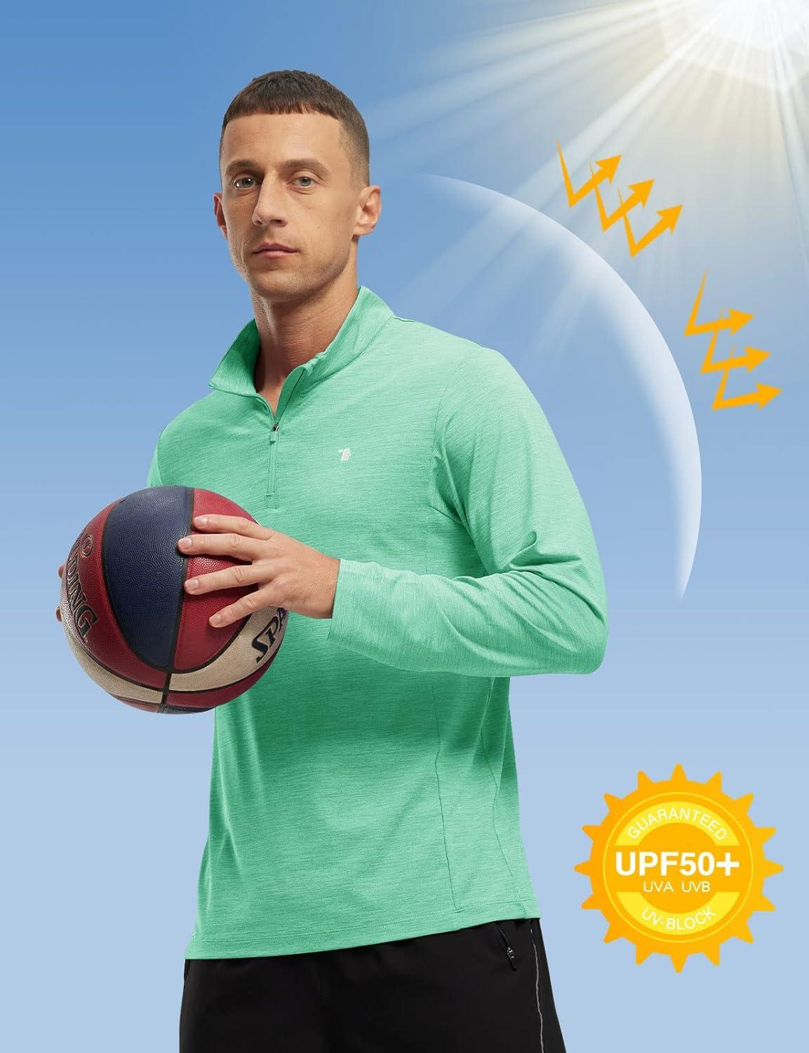 imageTBMPOY Mens Hiking Shirts 14 Zip Running Sun Protection Pullover Long Sleeve UPF 50 Lightweight Fishing Rash GuardEmerald Green