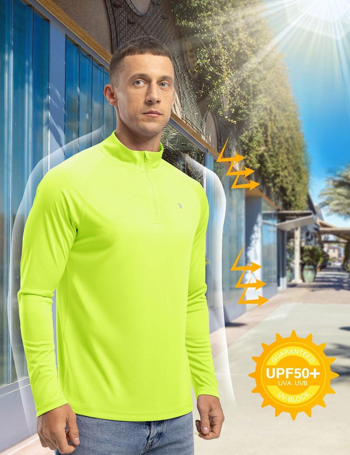 imageTBMPOY Mens Hiking Shirts 14 Zip Running Sun Protection Pullover Long Sleeve UPF 50 Lightweight Fishing Rash GuardFluorescent Green1