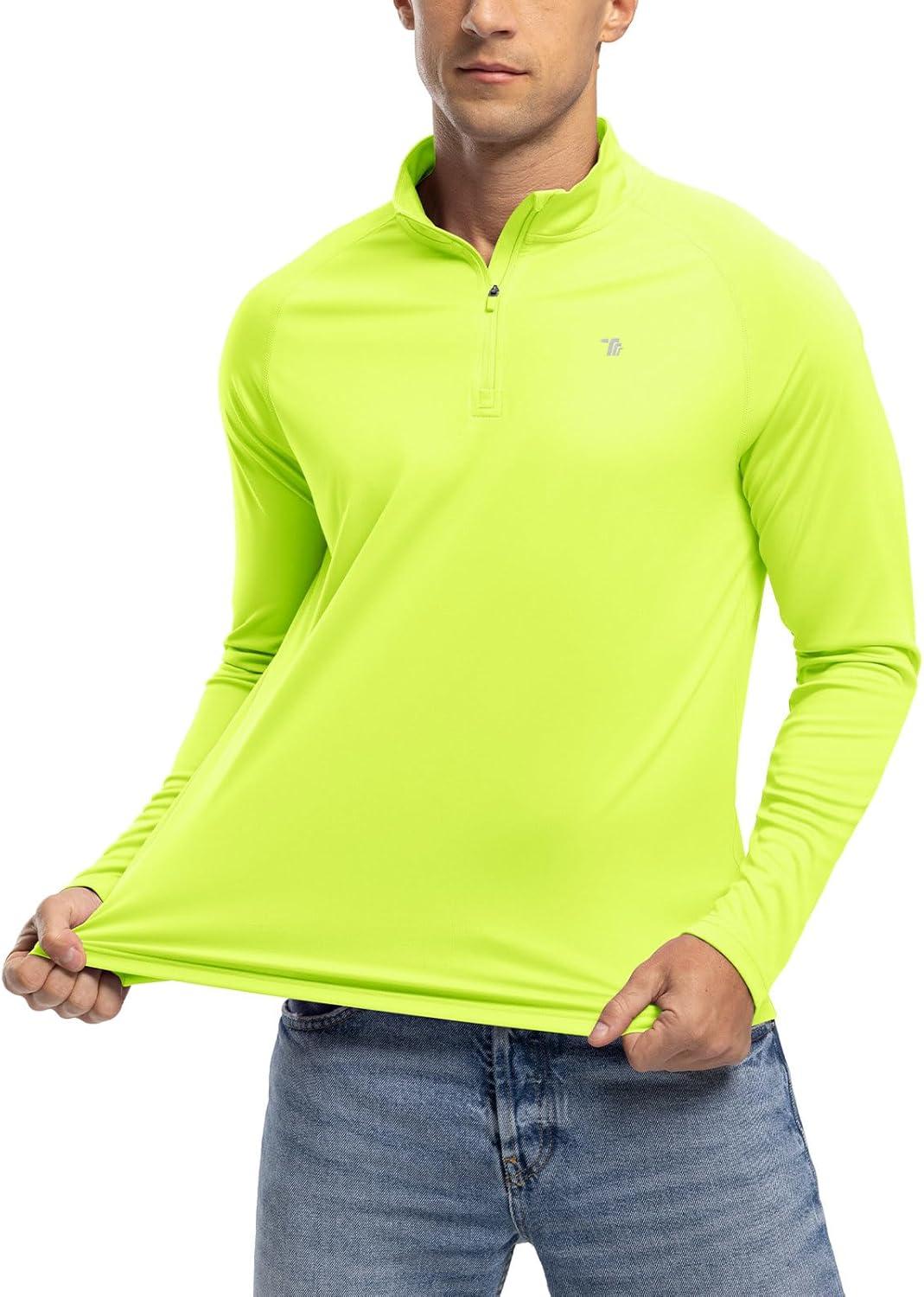 imageTBMPOY Mens Hiking Shirts 14 Zip Running Sun Protection Pullover Long Sleeve UPF 50 Lightweight Fishing Rash GuardFluorescent Green1