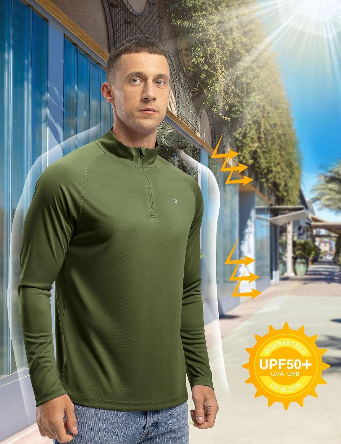 imageTBMPOY Mens Hiking Shirts 14 Zip Running Sun Protection Pullover Long Sleeve UPF 50 Lightweight Fishing Rash GuardGreen1