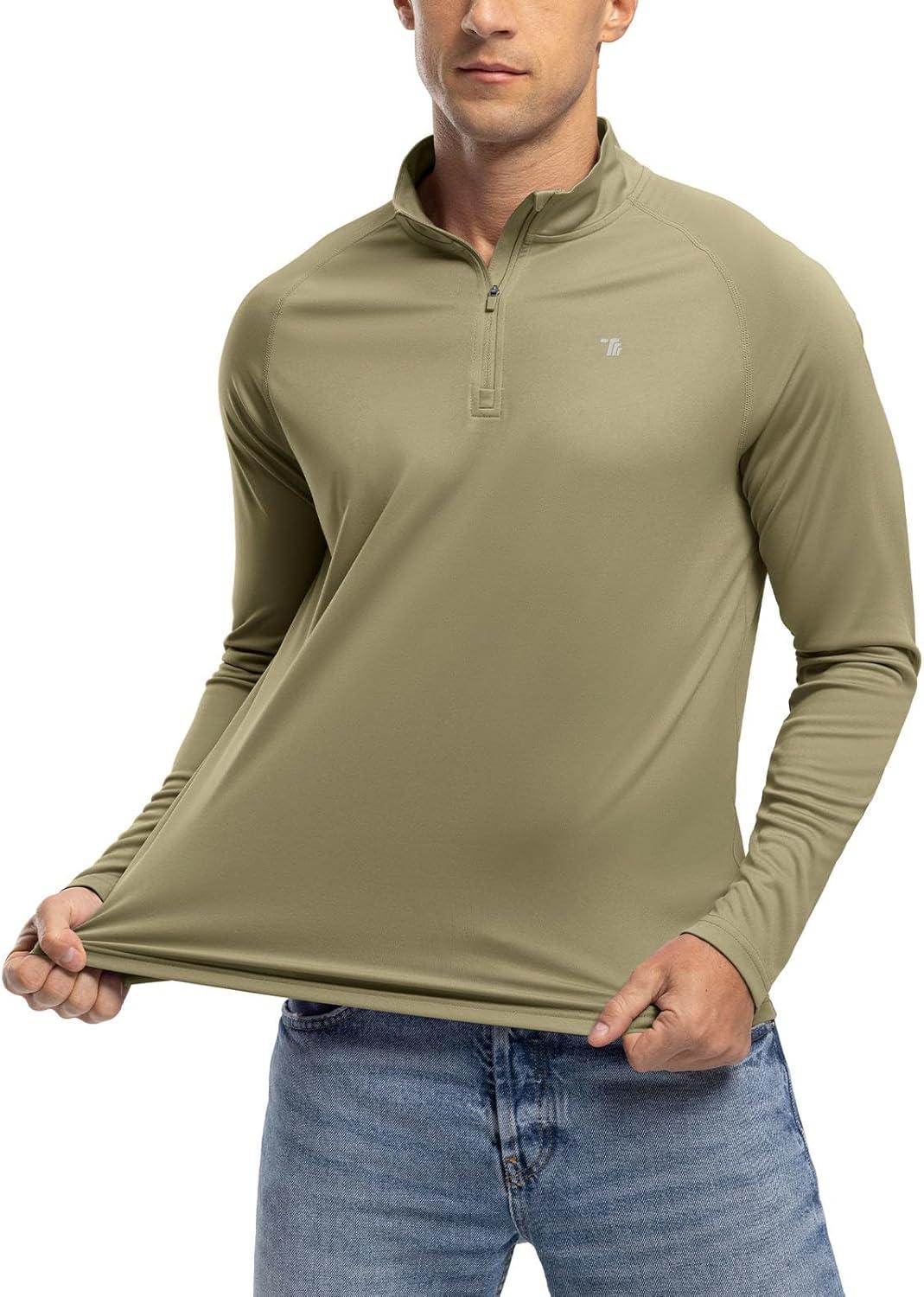imageTBMPOY Mens Hiking Shirts 14 Zip Running Sun Protection Pullover Long Sleeve UPF 50 Lightweight Fishing Rash GuardKhaki1