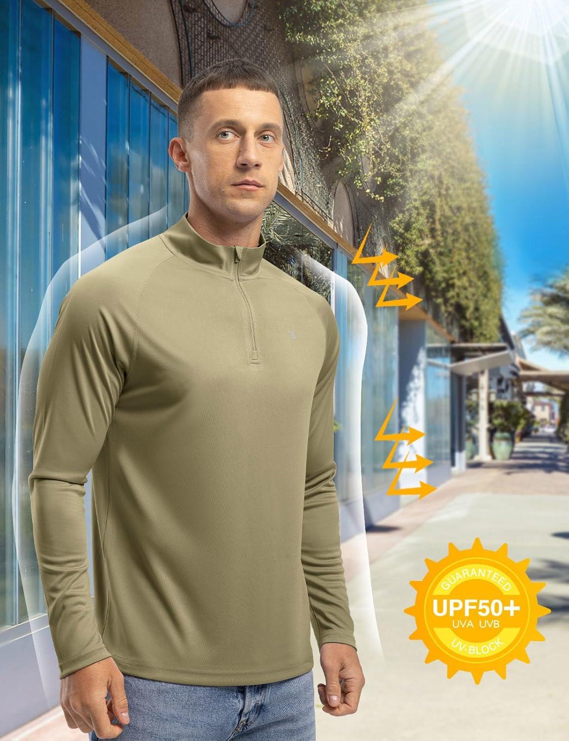 imageTBMPOY Mens Hiking Shirts 14 Zip Running Sun Protection Pullover Long Sleeve UPF 50 Lightweight Fishing Rash GuardKhaki1