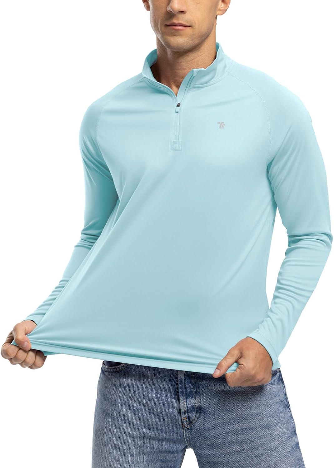 imageTBMPOY Mens Hiking Shirts 14 Zip Running Sun Protection Pullover Long Sleeve UPF 50 Lightweight Fishing Rash GuardLight Blue1