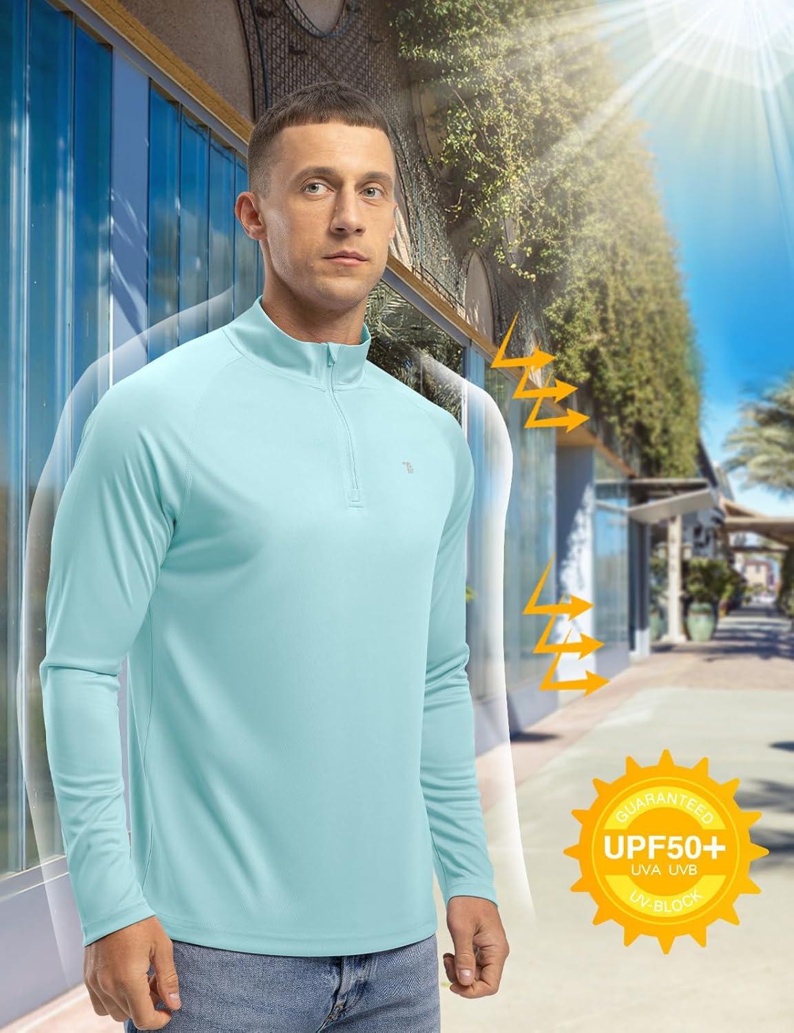 imageTBMPOY Mens Hiking Shirts 14 Zip Running Sun Protection Pullover Long Sleeve UPF 50 Lightweight Fishing Rash GuardLight Blue1