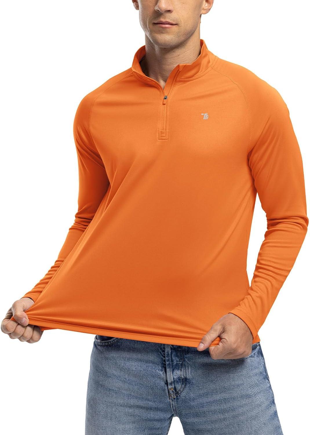 imageTBMPOY Mens Hiking Shirts 14 Zip Running Sun Protection Pullover Long Sleeve UPF 50 Lightweight Fishing Rash GuardOrange1