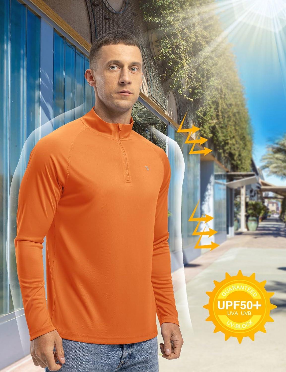 imageTBMPOY Mens Hiking Shirts 14 Zip Running Sun Protection Pullover Long Sleeve UPF 50 Lightweight Fishing Rash GuardOrange1
