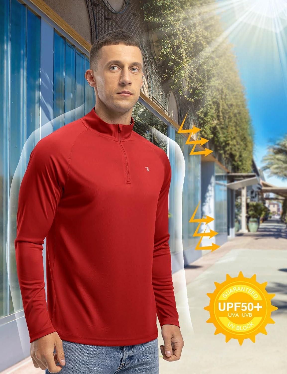 imageTBMPOY Mens Hiking Shirts 14 Zip Running Sun Protection Pullover Long Sleeve UPF 50 Lightweight Fishing Rash GuardRed1