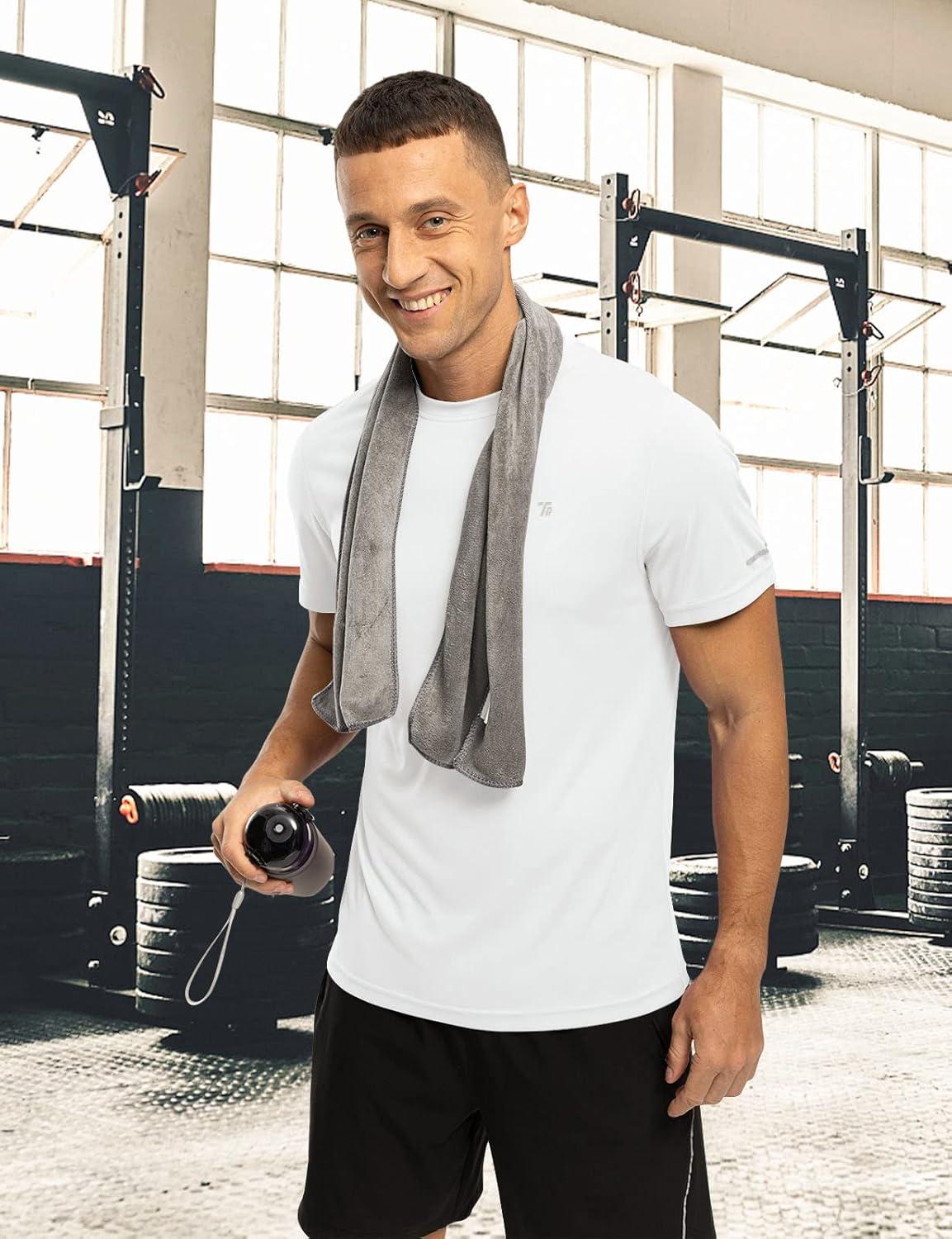 imageTBMPOY Mens Hiking Shirts Short Sleeve Athletic Dry Fit Waterproof Shirts Running Gym Active Performance T Shirts White M