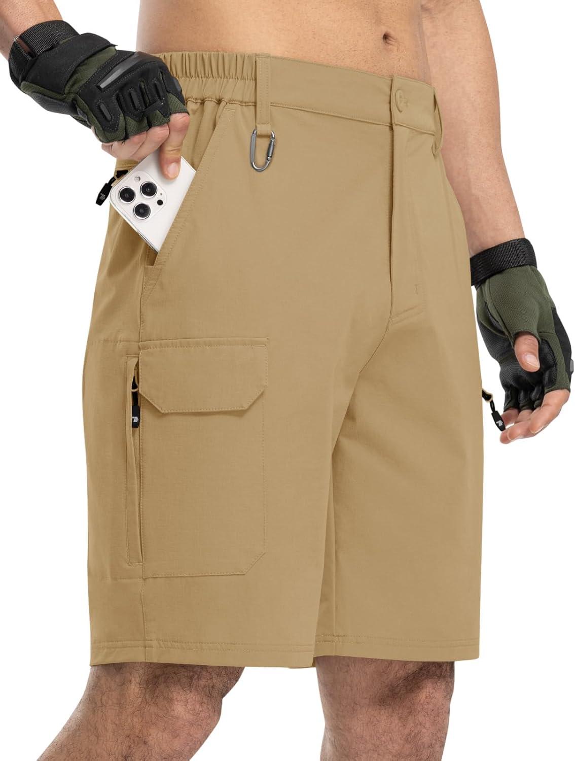 imageTBMPOY Mens Hiking Shorts Quick Dry 6 Cargo Pockets Water Resistants Stretch Shorts with PocketsKhaki